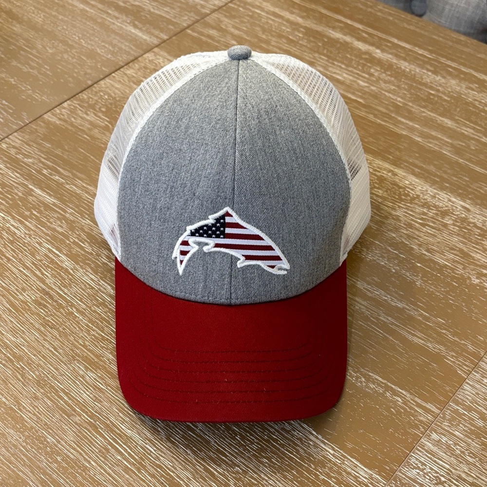Simms Gray & Red Trucker Hat with American Flag Fish Patch